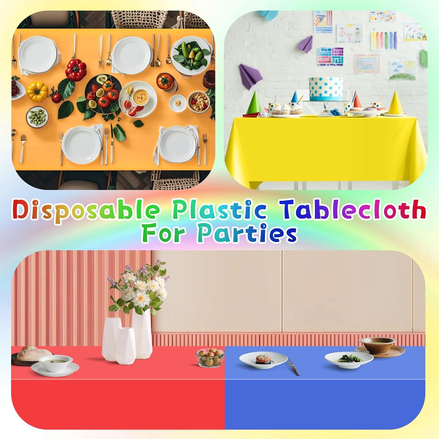 Mwellewm 6Pcs Plastic Table Cloth Disposable, Assorted Color Rainbow Tablecloth