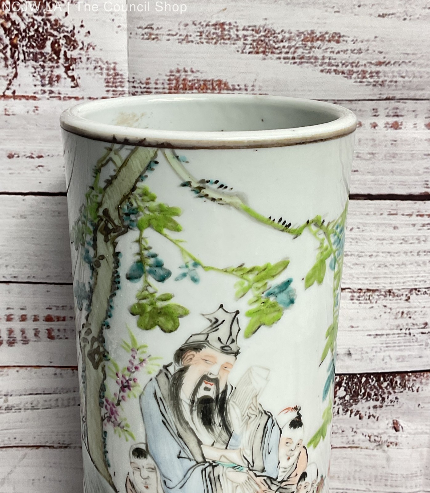 Vintage Mid 20th Century Chinese Cylindrical Vase with Stand Multicolor