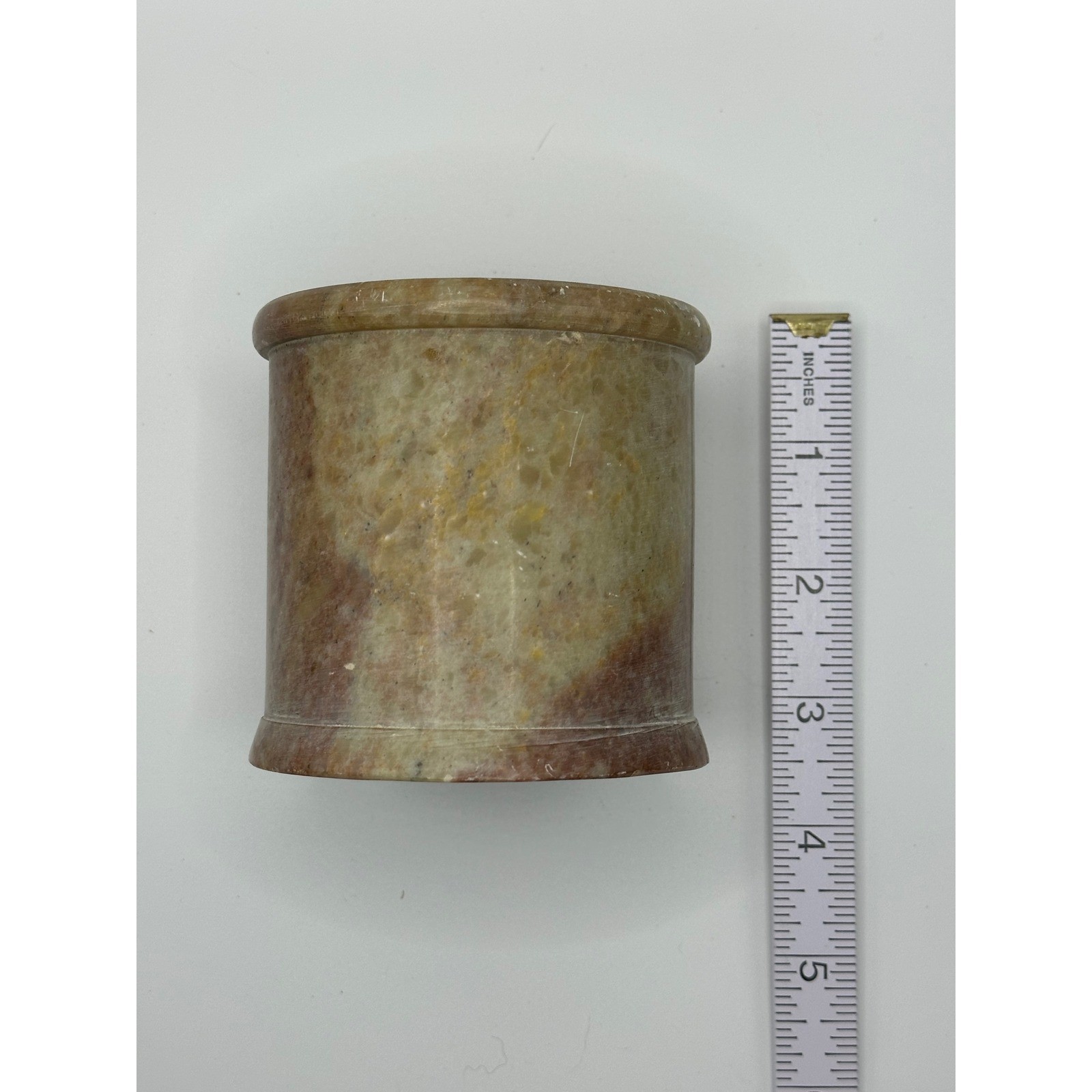 Vintage Carved Stone Vessel Cylindrical Soapstone Pencil Cup Brown Tan 3.25in