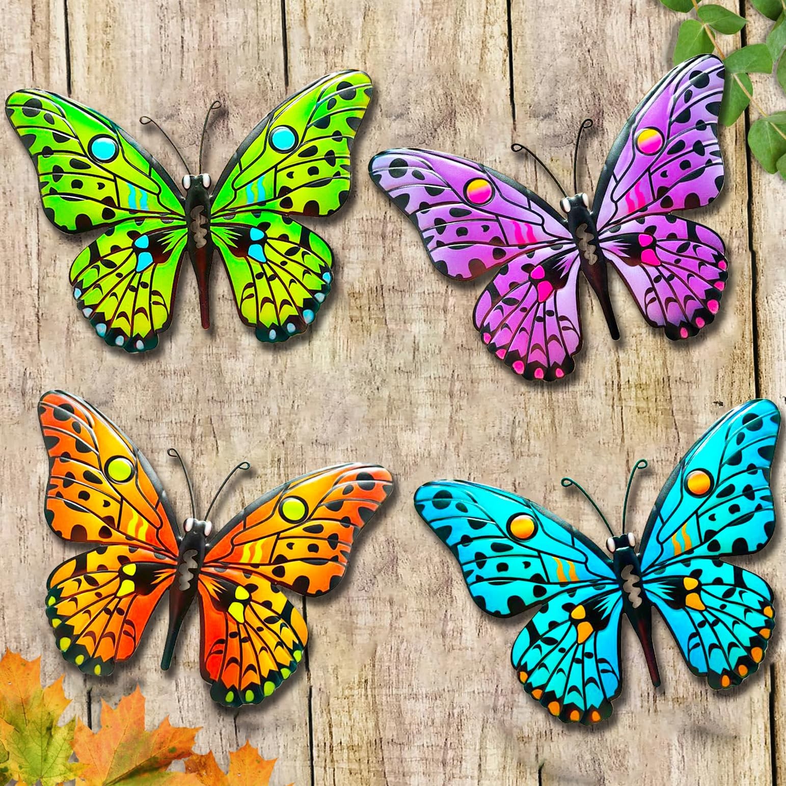 4 Hanging Large 9.8″ Colorful Metal Butterflies Wall Art Outdoor Decor For Home