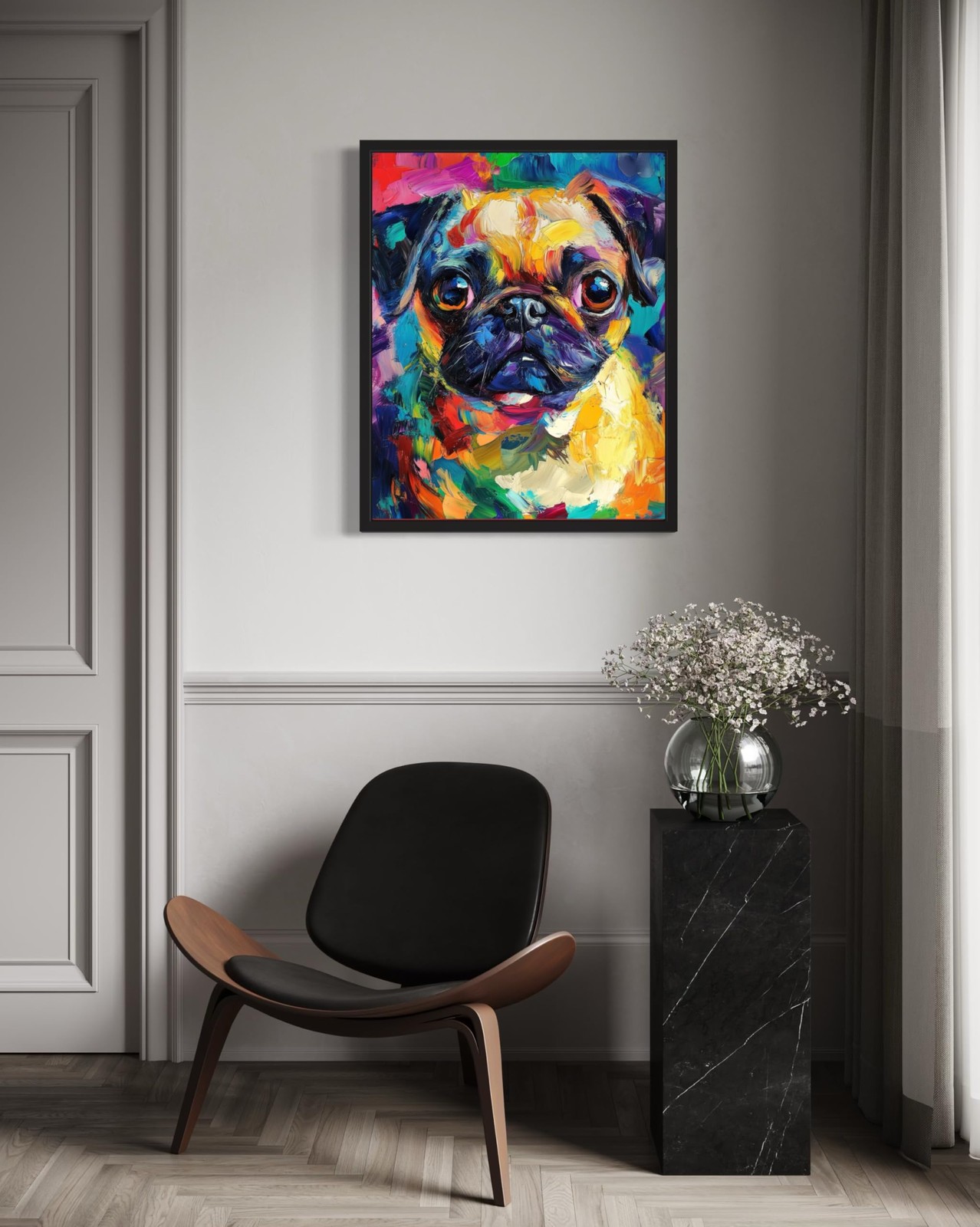 Pug Colorful Abstract Wall Art Print Poster, Dog Pet Lover Picture Painting A…