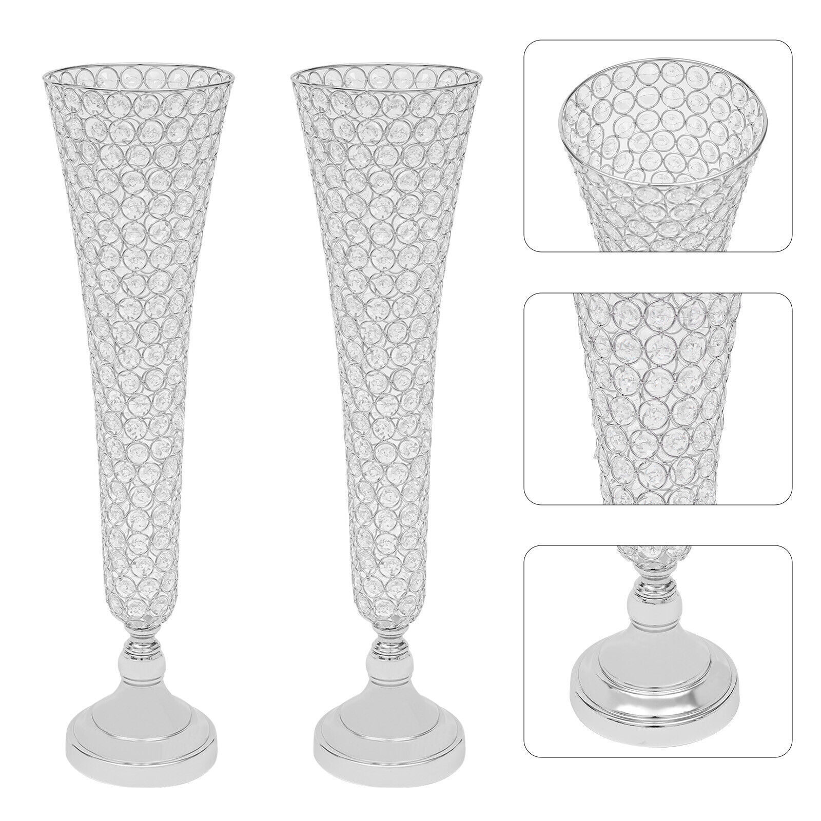 2 Pc Modern Crystal Trumpet Flower Silver Stand Crystal Vase For Wedding Decor