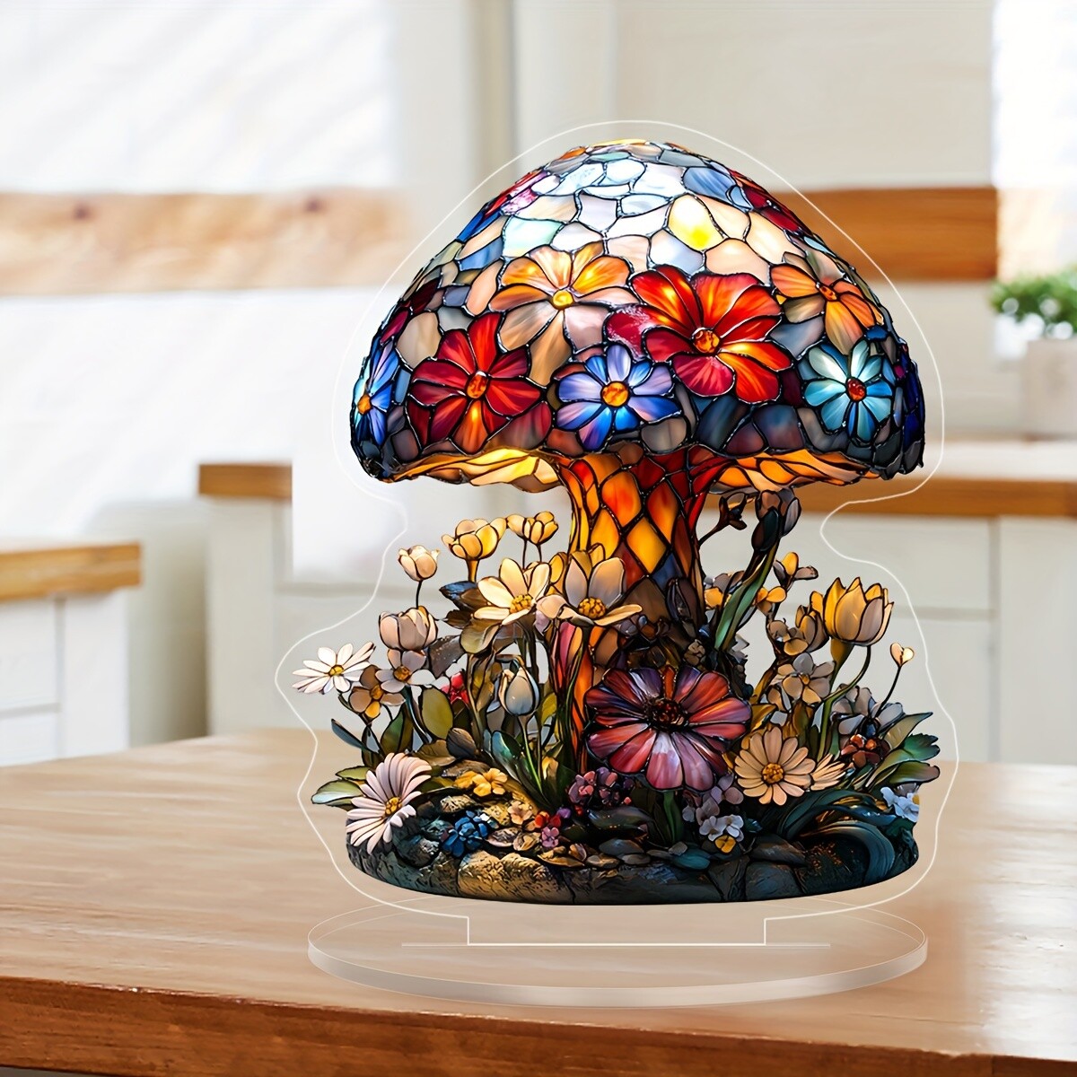 A decorative bohemian table lamp table decoration adorned with colourful flowers