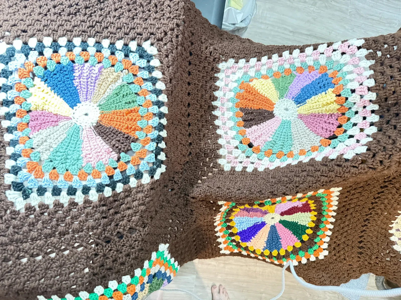 Handmade Crochet Mandala Granny Square Throw Brown Multicolor Afghan Blanket