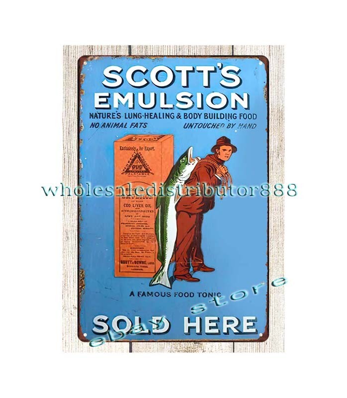 Scott’s Emulsion food tonic metal tin sign decorating walls with restaurant pub
