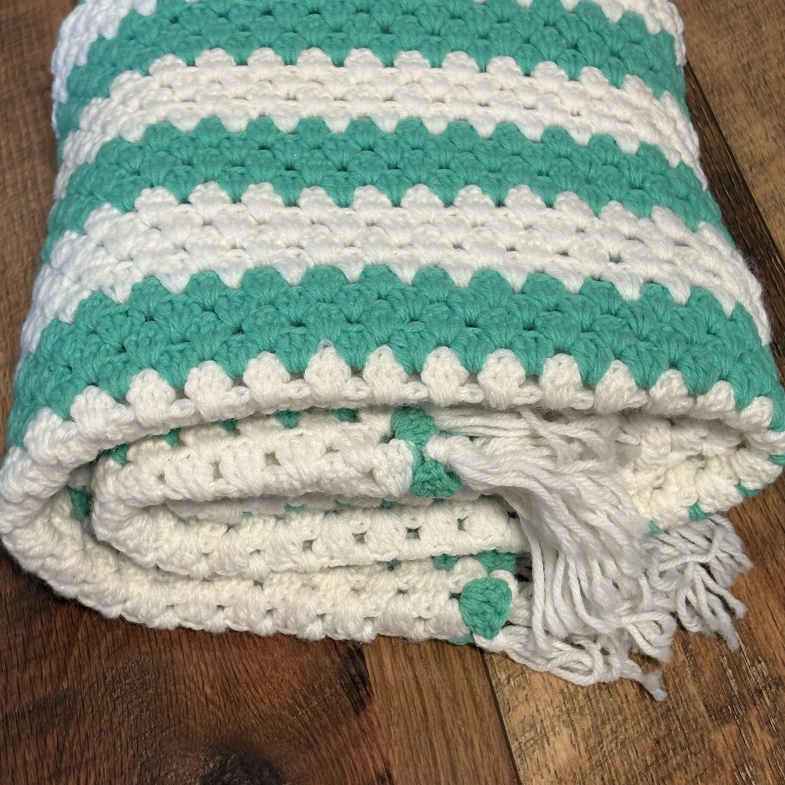 Vintage Handmade Crochet Afghan Blanket w/ Fringe Green /Teal White 35.5″ x 33.5