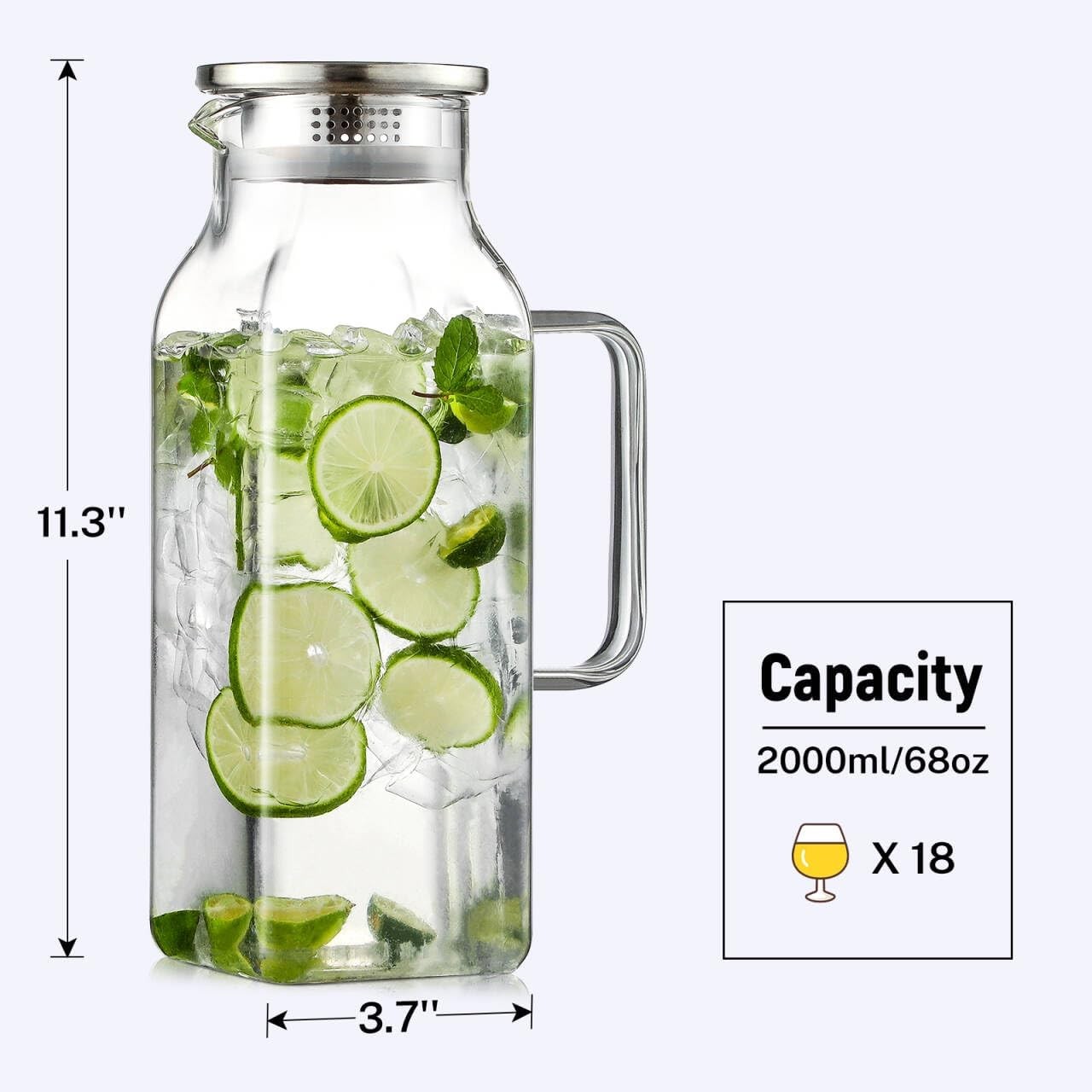 2 Quart (2 Liter 68 oz) Square Glass Pitcher with Lid and Spout, Water Pitchers
