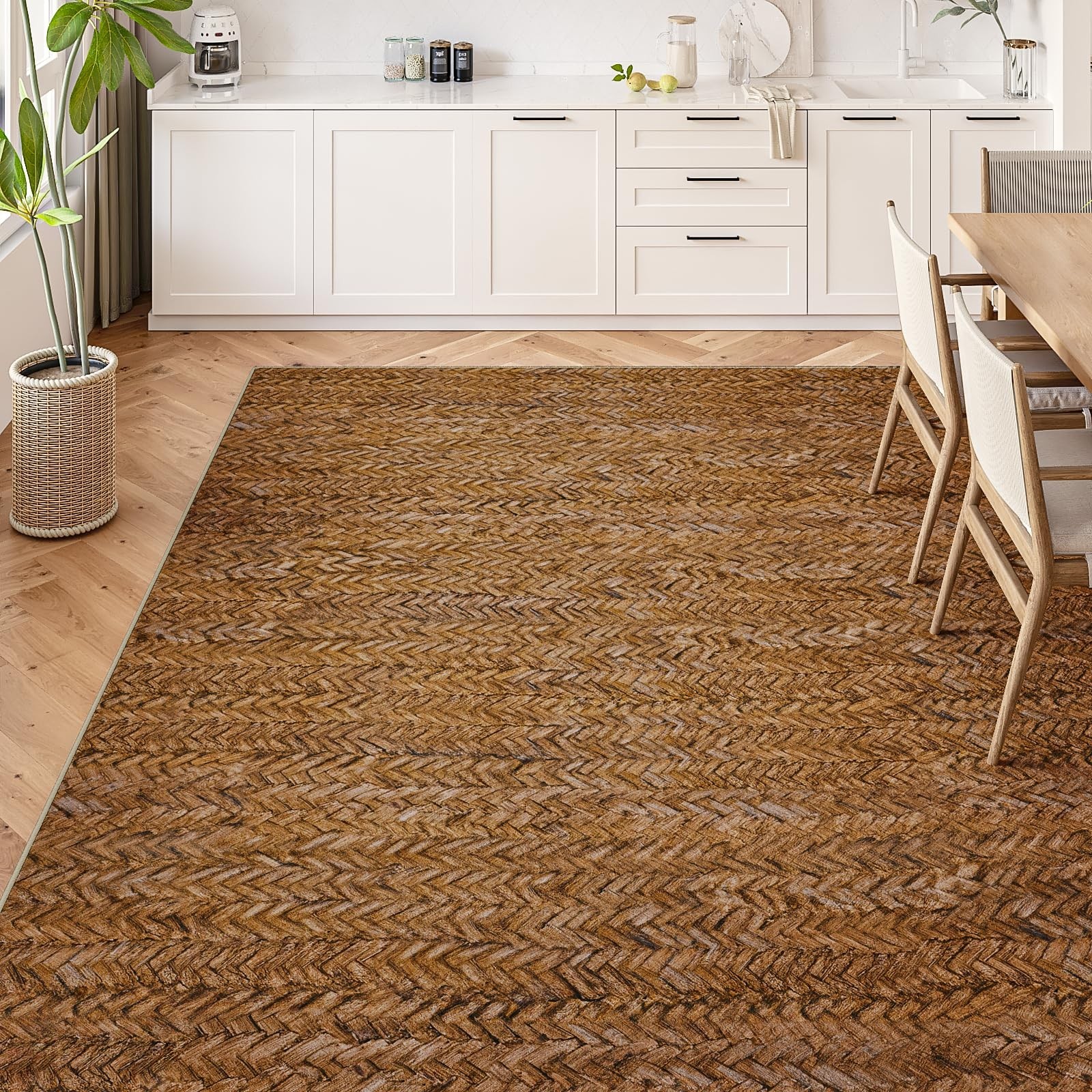 Eleisa Modern Vintage 5×7 Herringbone Chevron Area Rug for Living Room, Brown…