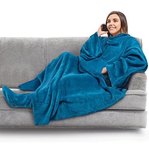 Blanket with Sleeves, Foot Pockets for Women Men Adults, Plush Fleece Sea Blue
