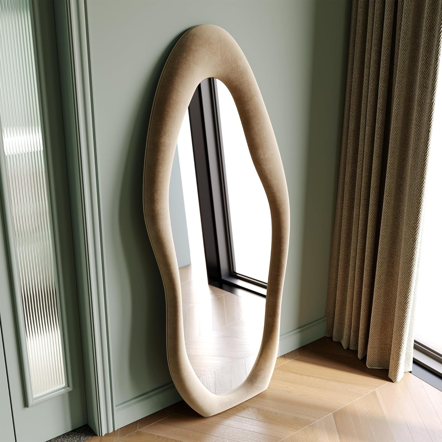 63×24 Full Length Floor Mirror Irregular Wavy Wall Mirror Flannel Frame Decor