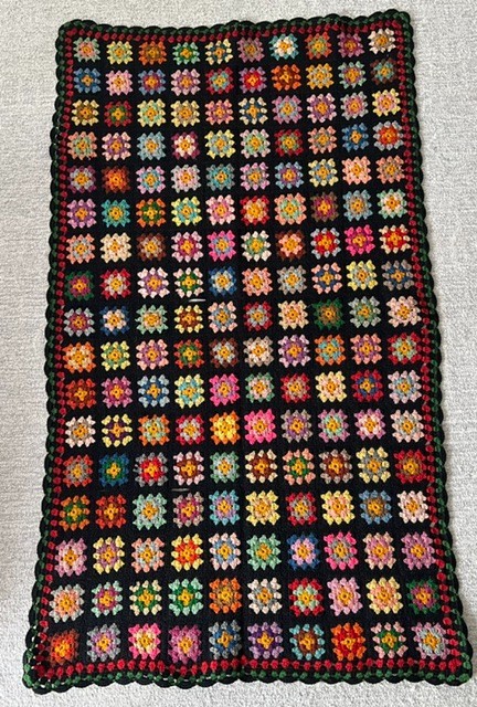 Vintage Handmade Granny Square Colorful Crochet Black 60’x35′ Throw Roseanne NEW