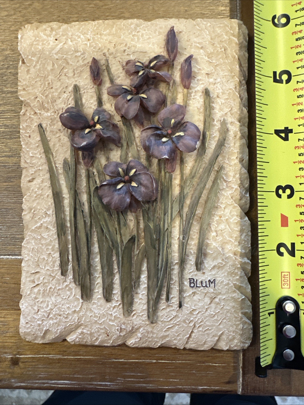 Vintage BLUM Iris Relief Wall Plaque – 3D Purple Floral Cottage Decor 4.75×6”