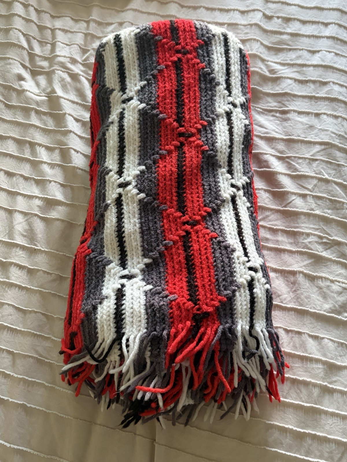 Vintage Hand Made Black White Red Gray Afghan Blanket Throw Fringe 81”x 52”