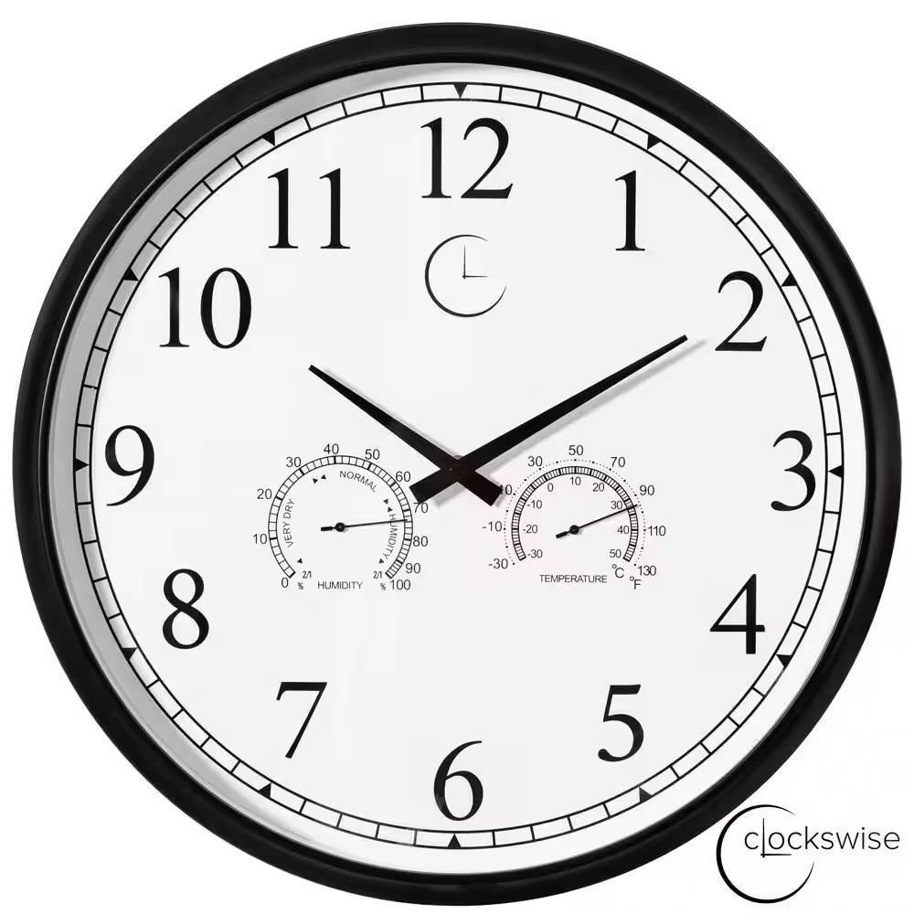18 In. Large Outdoor Wall Clock Thermometer Combo, Waterproof Hygrometer Silent