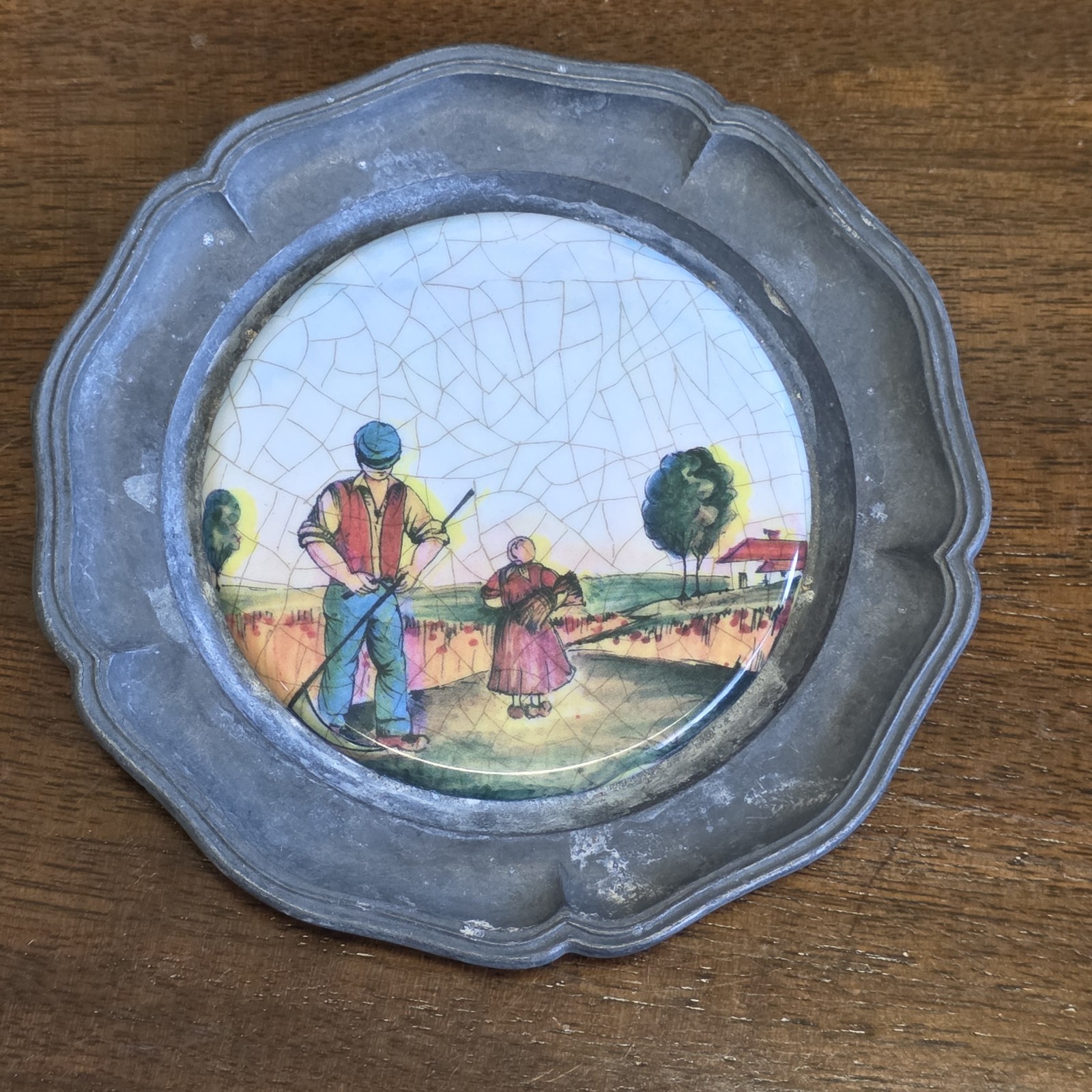 Vintage Pewter Wall Plaque Set 4 Ceramic Folk Art Peasant Scene Hanging Decor