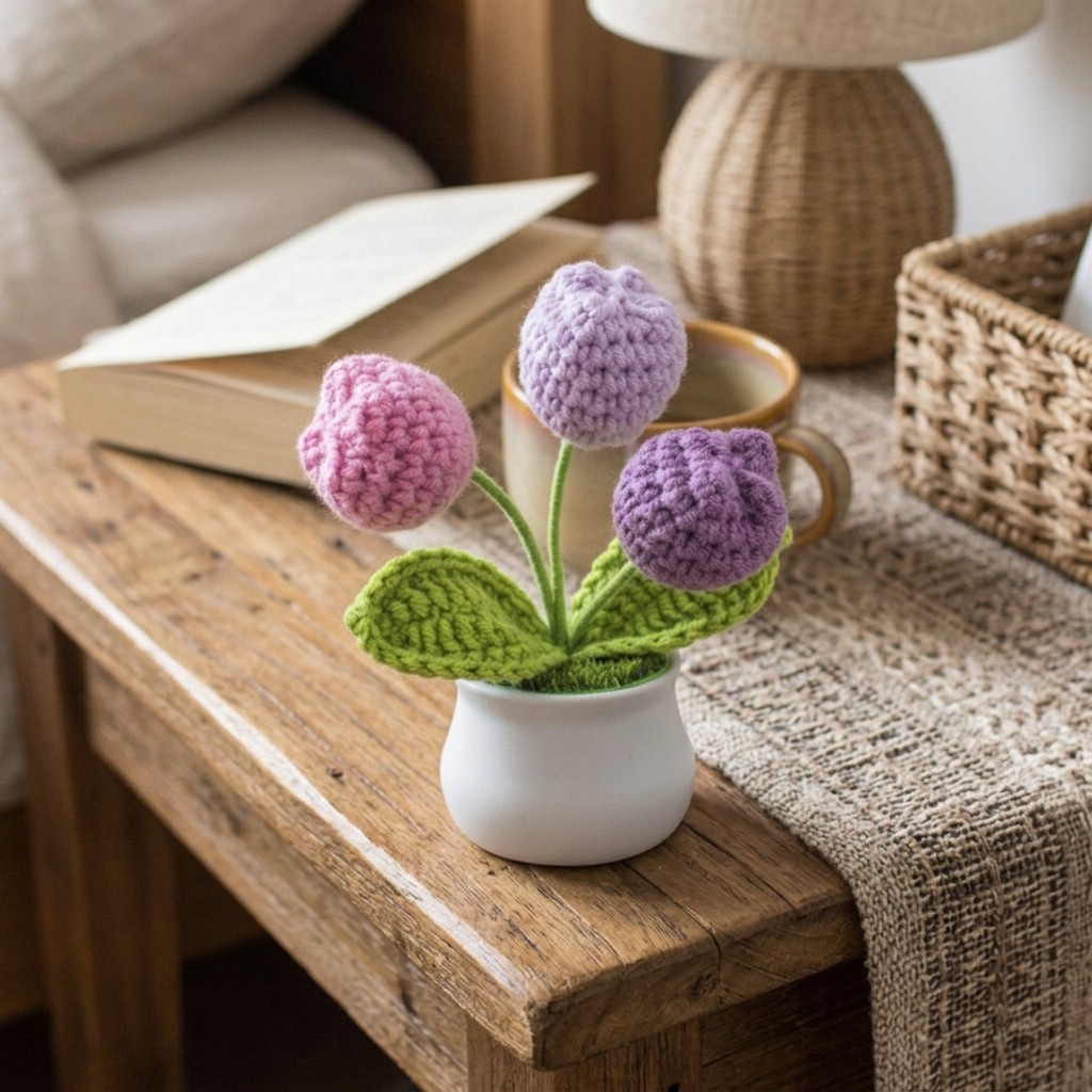 Hand Knitted 3 Heads Tulip Potted Plant Crochet Flower Decor Cute Desktop
