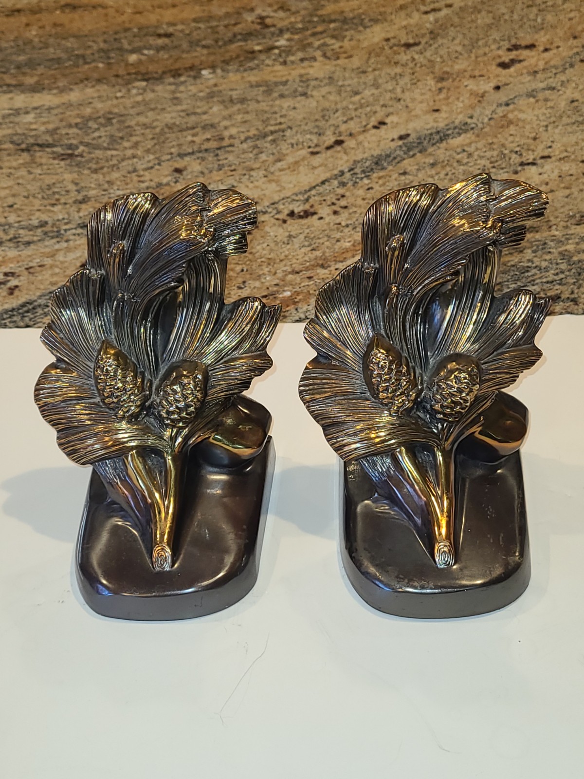 Vintage Pair Brass Bookends. Pinecone Branch. Philadelphia Mfg Co PMC86 EXC