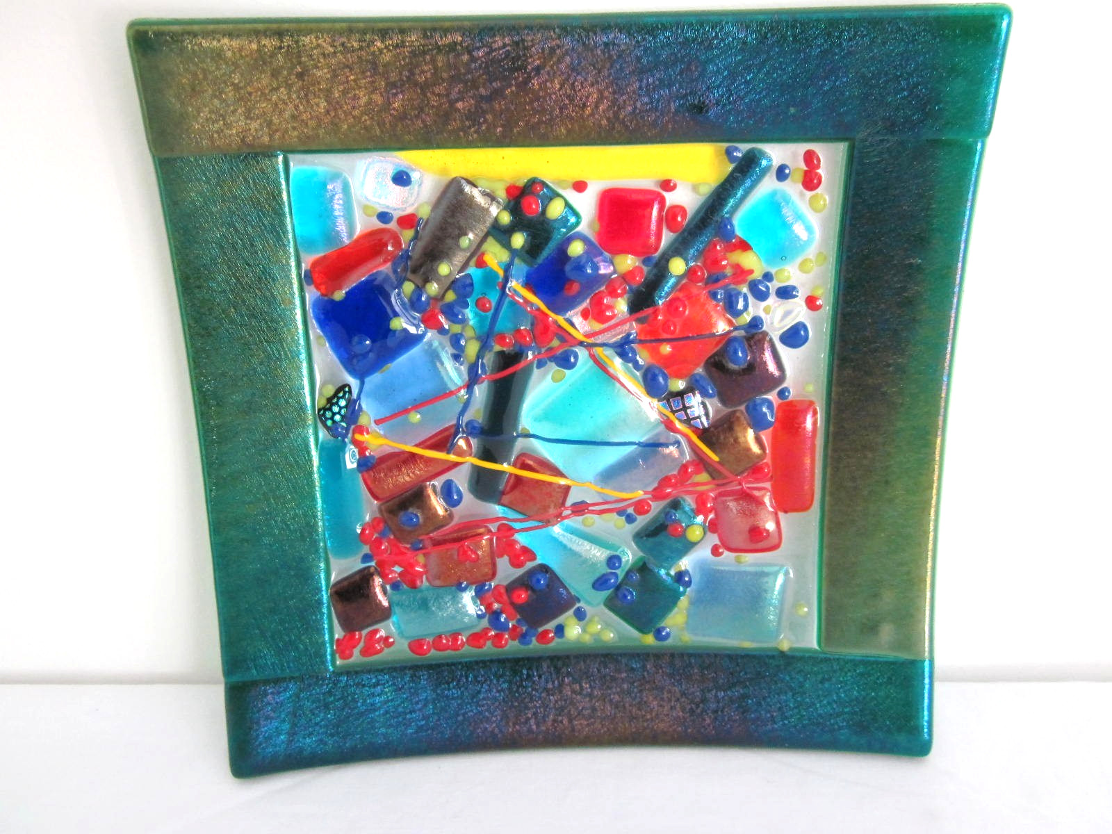 Fused Art Glass Multicolor Dichroic Square Trinket Candy Dish Plate 7×7 Inches