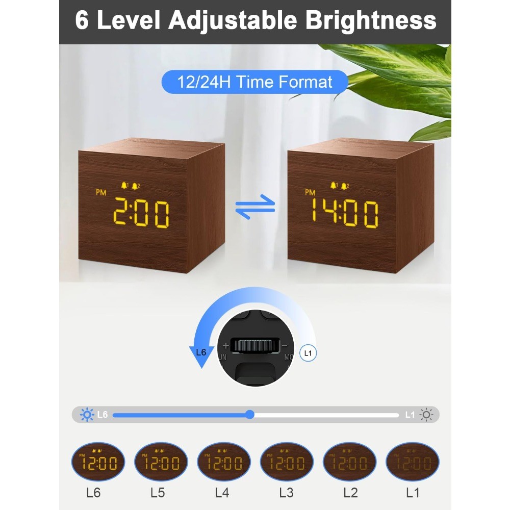 Digital Alarm Clock, with Wooden Electronic LED Time 3 Alarm, 2.5-inch Cubic