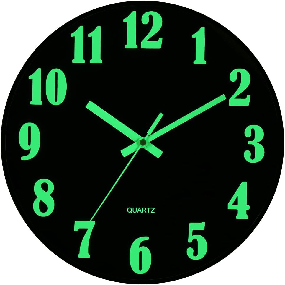 12” Wall Clock Large Luminous Quartz Night Light Glow In The Dark Silent Home
