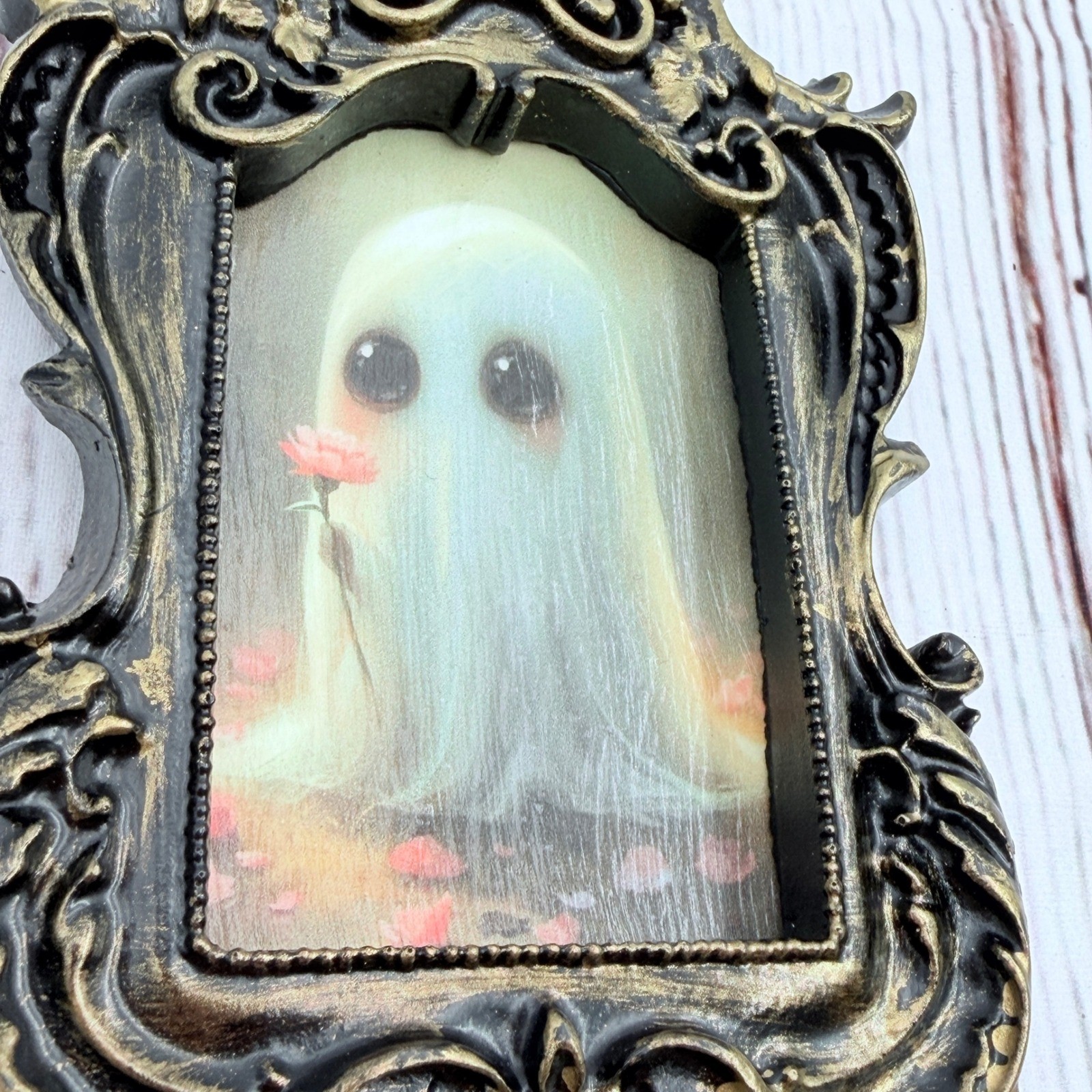 Original Ghost Art in Ornate Gold and Black Baroque Frame 4.75″ x 3.25″