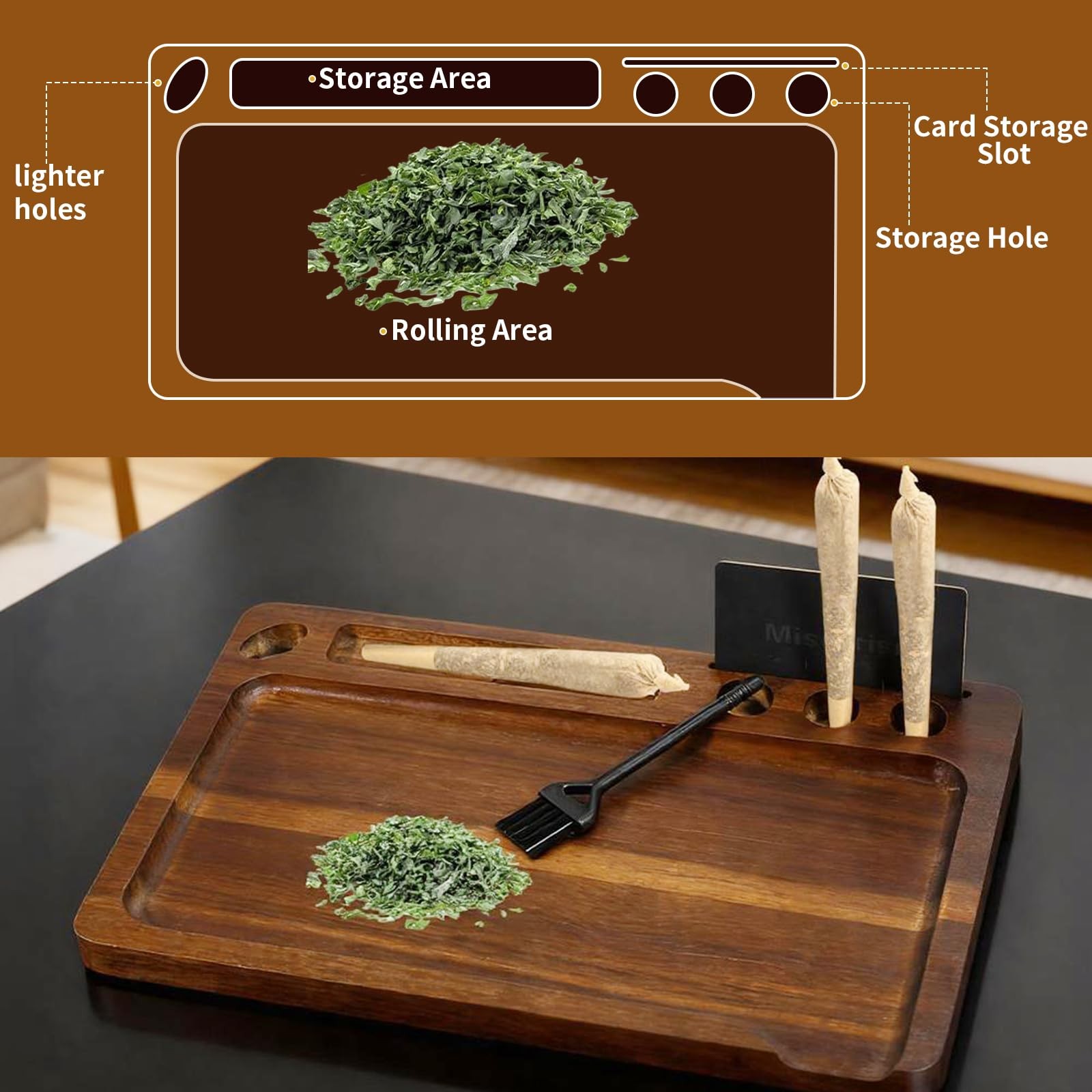 Wooden Rolling Tray 11″x7″ Tray Rolling Tray Set with Cleaning Brush and Scoo…