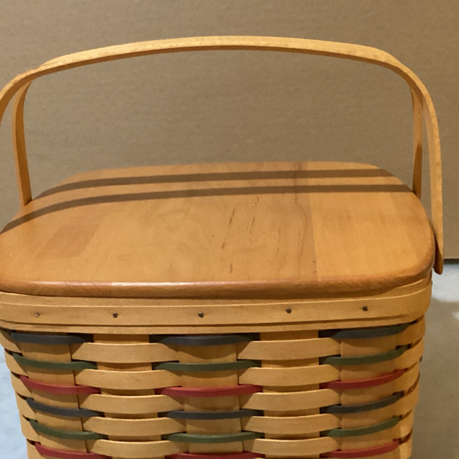 Longaberger Rectangular Basket w/ Wood Lid & Handles 5-15in Brown Multicolor