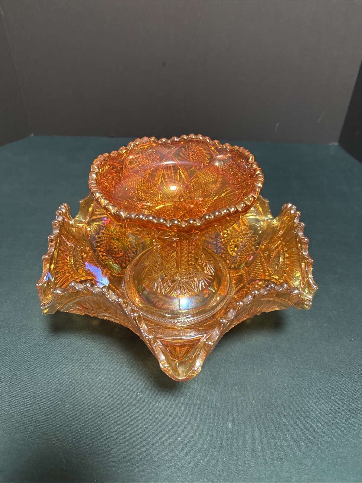 Iridescent Marigold Carnival Glass Centerpiece Serving Fruit Bowl 2 pc. Pedestal