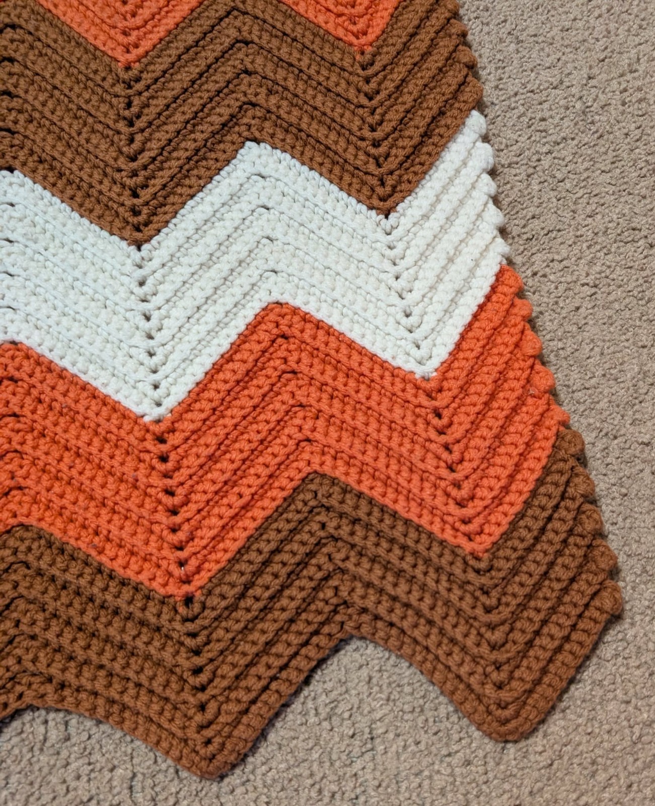Retro Handmade Brown & Orange Herringbone Zig Zag Crochet Afghan Blanket 52″x50″