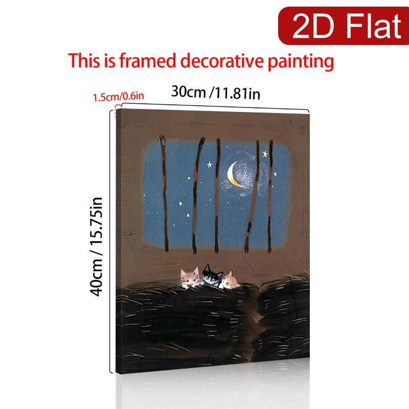 Three Kittens Watching Moon Canvas Wall Art, Cozy Night Home Decor