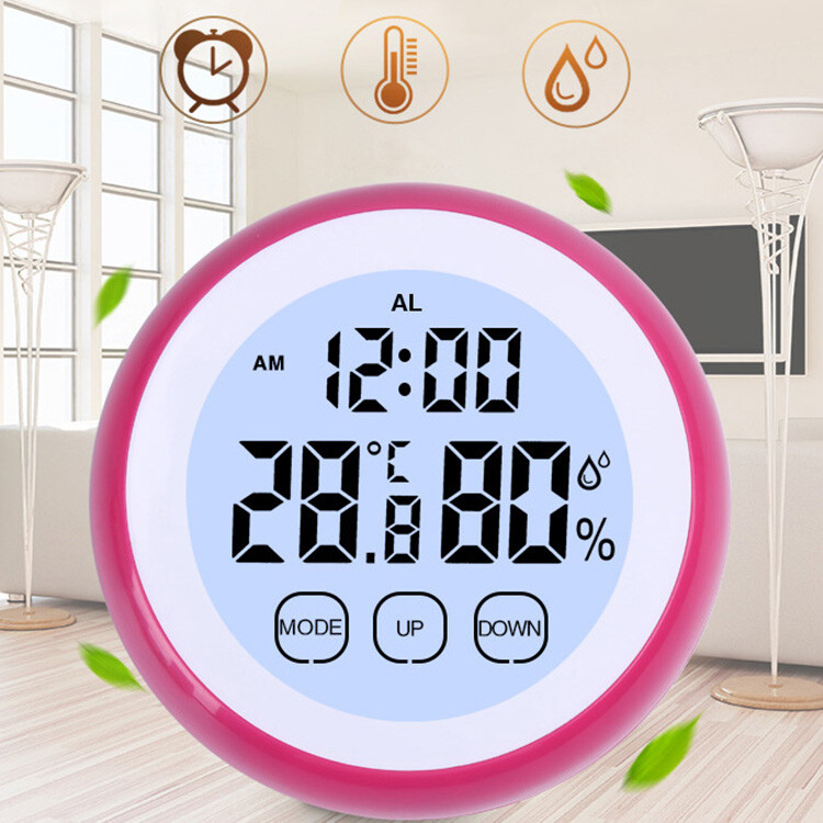Digital Thermometer Clock, Temperature Humidity Monitor Alarm Clock Touch Screen