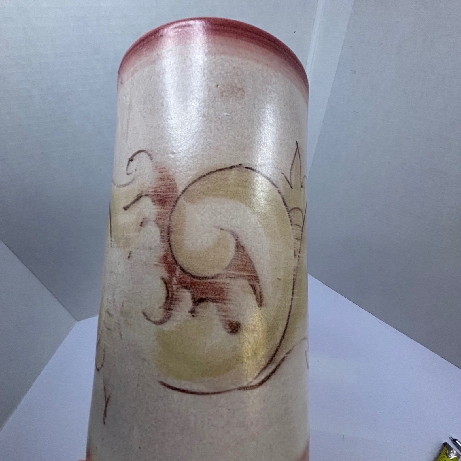 Pottery Barn Italy Ceramic Cylinder Vase Hand Painted Scroll Terracotta 8.25″