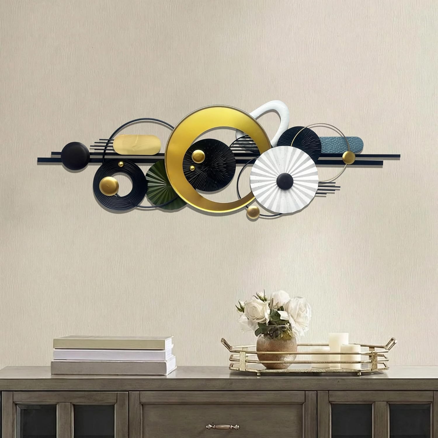 Metal Wall Decor 59×20 In – Elegant Black, Gold Abstract Geometric Design