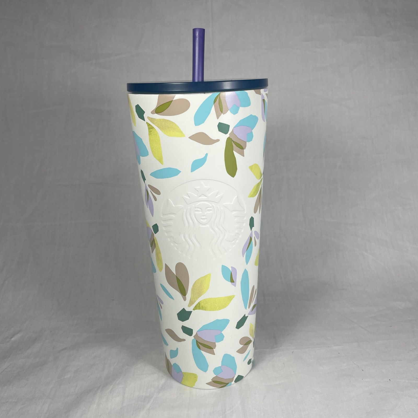 Starbucks Cold Cup Spring 2023 Steel White Floral Tumbler 24 oz Snowdrop