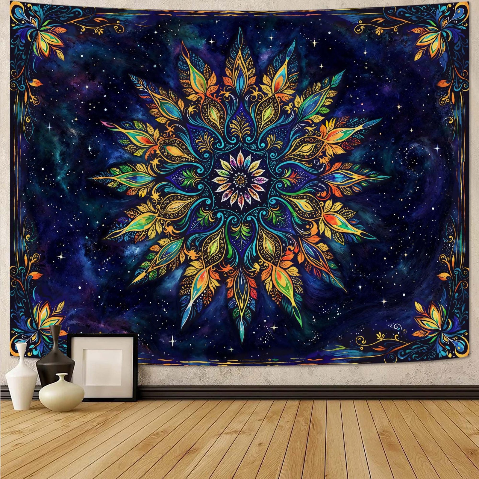 Boho Floral Mandala Tapestry for Bedroom Aesthetic Blue Bohemian Colorful Flower