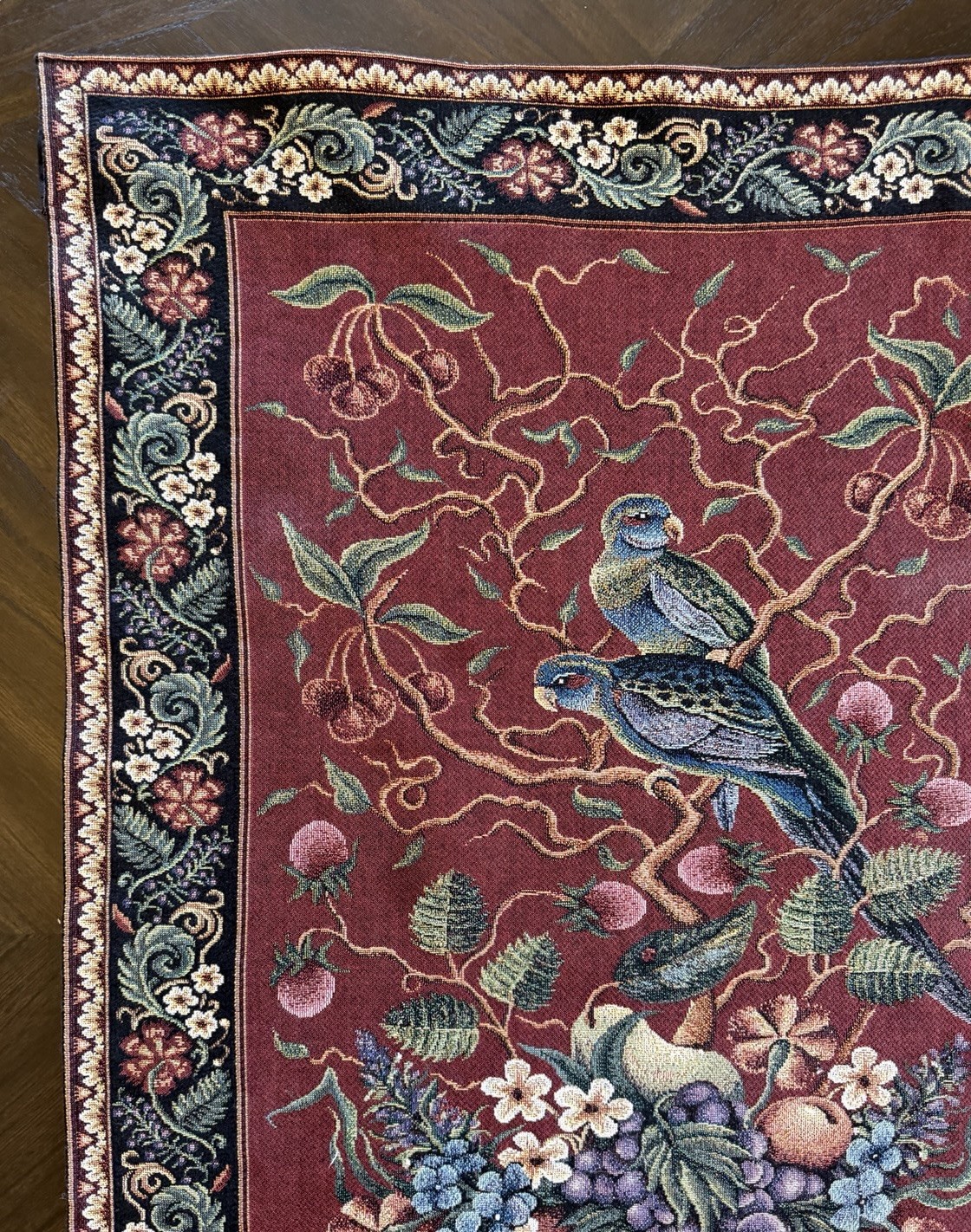 Vintage Riddle Tapestry Wall Hanging Flowers Birds Fruit Vase Border 24 X 35 Red