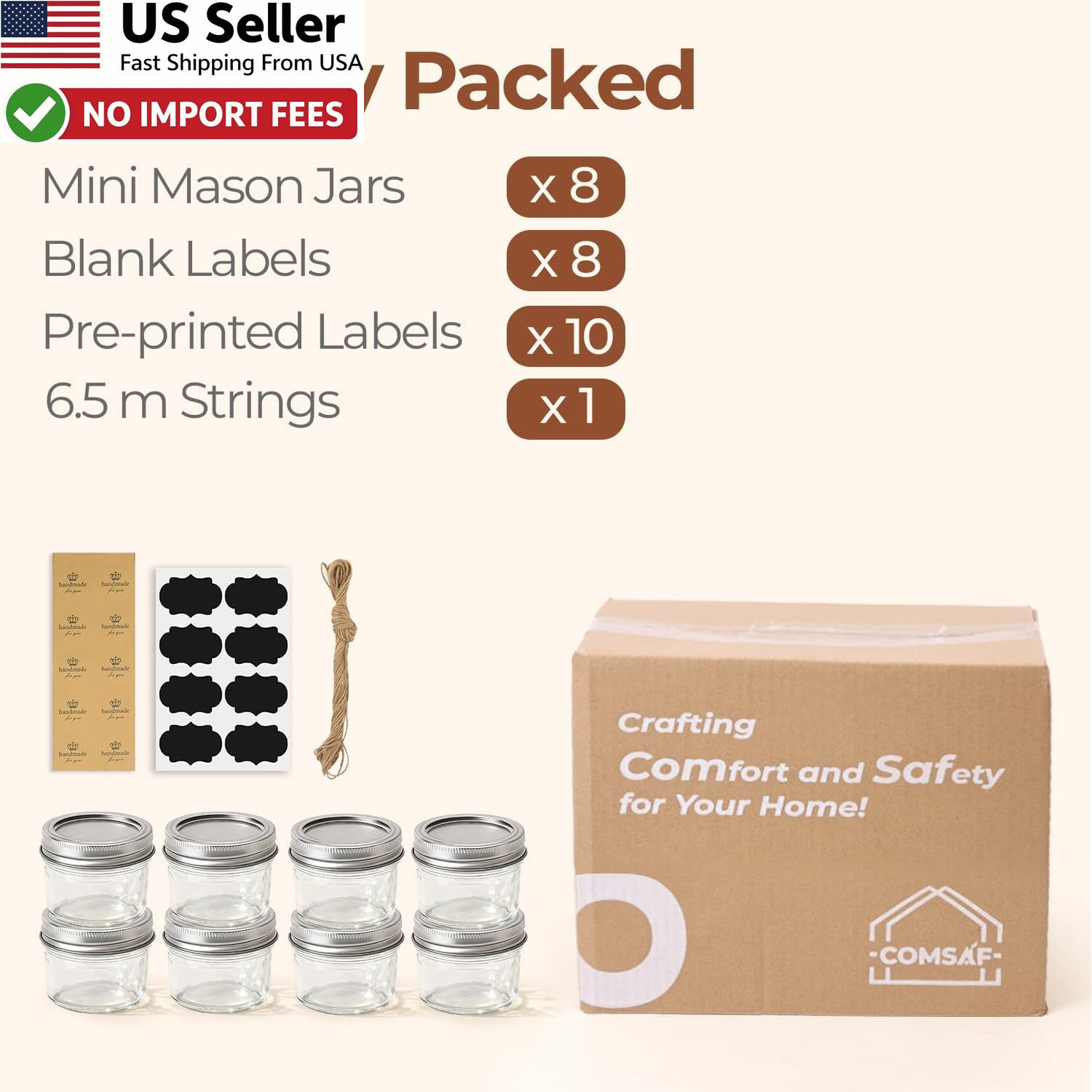ComSaf Mini Mason Jars 4oz 8 Pack Regular Mouth Small Glass Canning Jar FROM USA