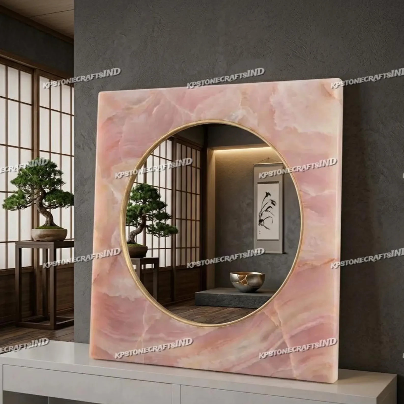 24″ Pink Onyx Mirror Frame Luxury Natural Stone Wall Mirror Modern Decor
