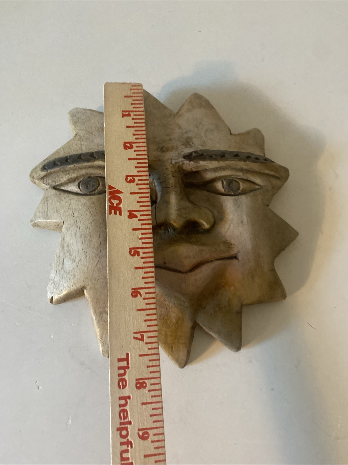 Hand Carved Wooden Sun Face Wall Art Hanging Decor Boho Rustic 9″