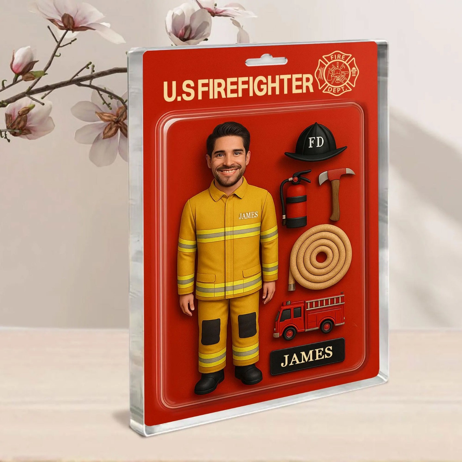 Custom Firefighter Acrylic Block Plaque Action Figure Dad Retirement Gift