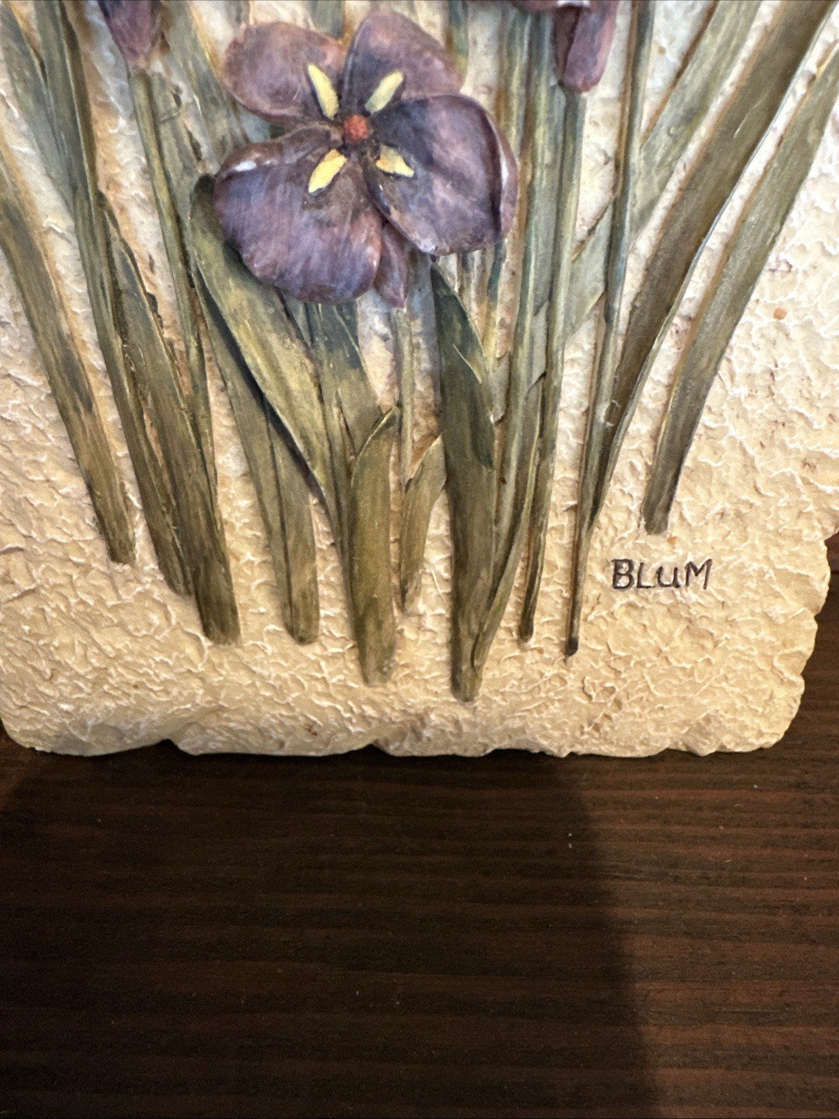 Vintage BLUM Iris Relief Wall Plaque – 3D Purple Floral Cottage Decor 4.75×6”