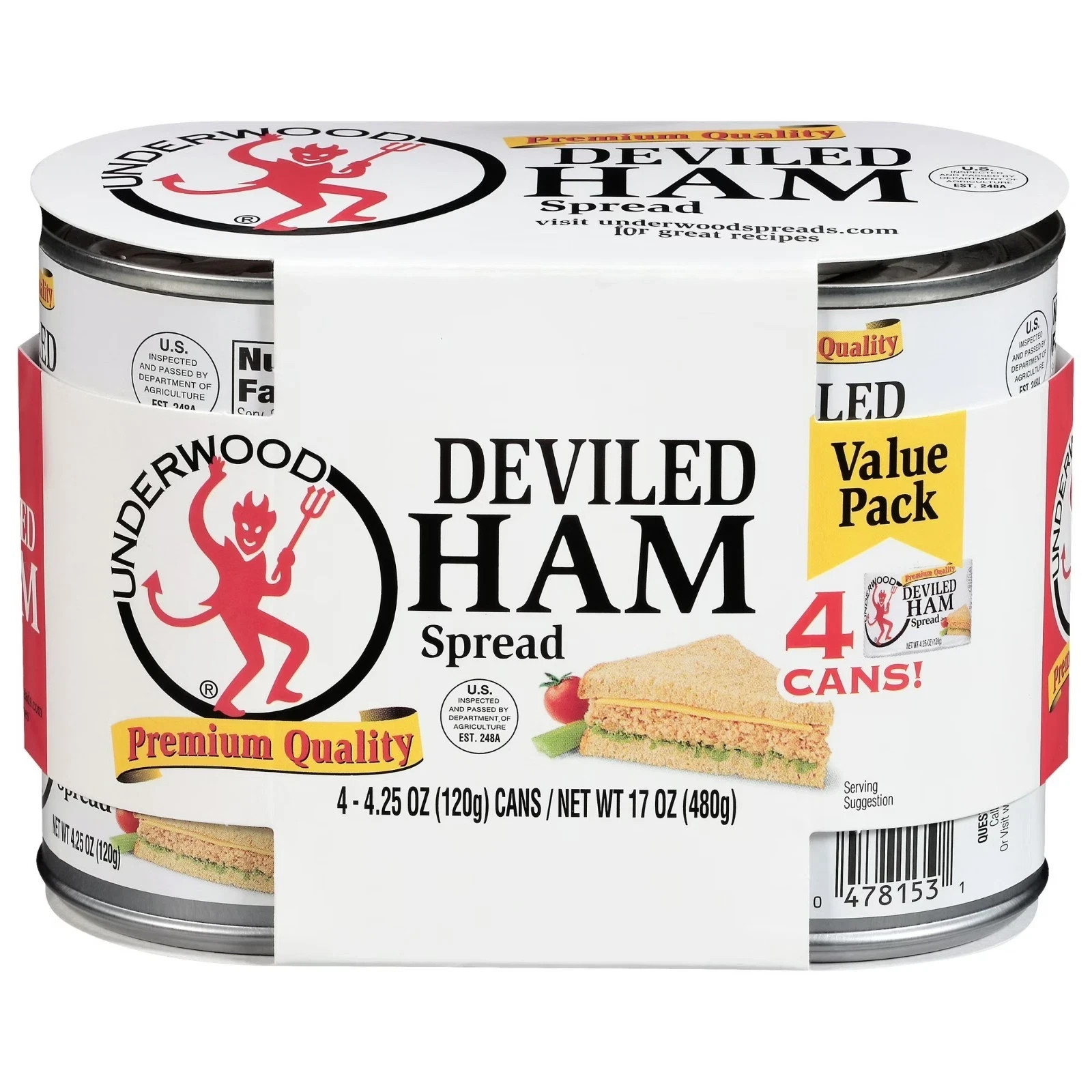 Underwood Deviled Ham Spread, 4.25 oz, 4 Count Cans New