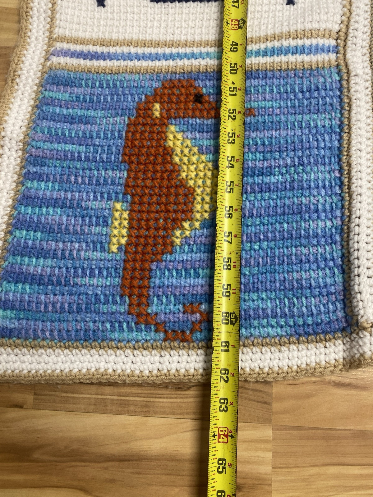 Vintage 1970’s/1980’s Hand Knit Seaside Ocean Seahorse Crab Throw Blanket 62×55