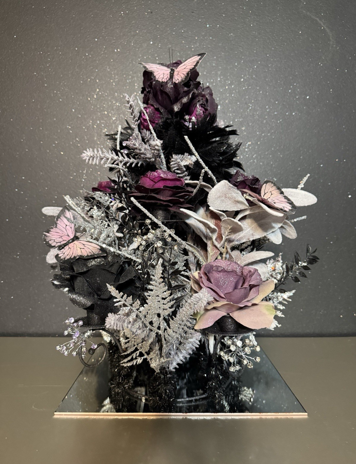 Artificial Floral Arrangement Centerpiece w/ Purple & Black Roses, Butterflies