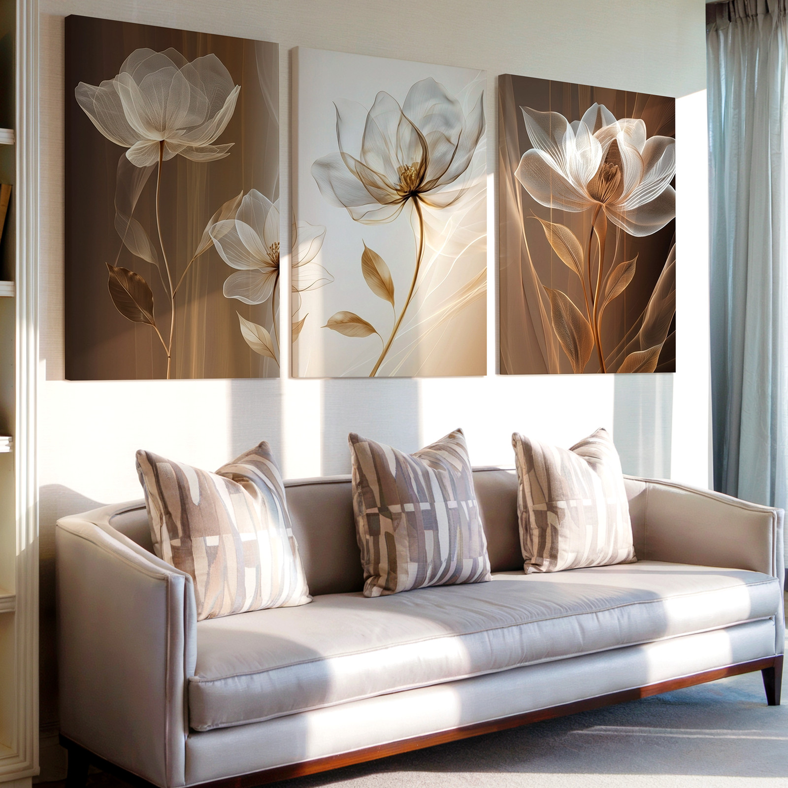 3 Pieces Elegant Neutral Toned Floral Large Wall Art Set for Living Set Of 3