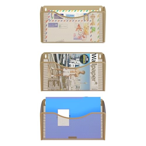 Wall File Organizer 3 Pack, Hanging File Organizer Wall Mount, Metal Mesh Gold