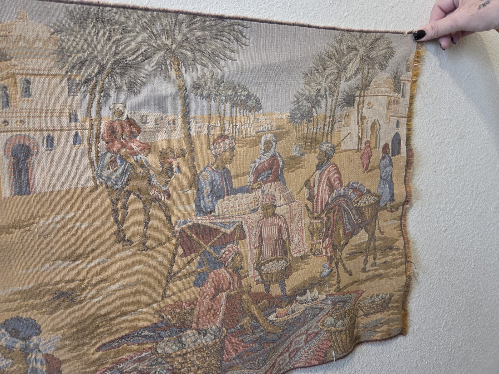 Woven Belgian Wall Tapestry Arabian Market Street Scene 57″x20″ Vintage