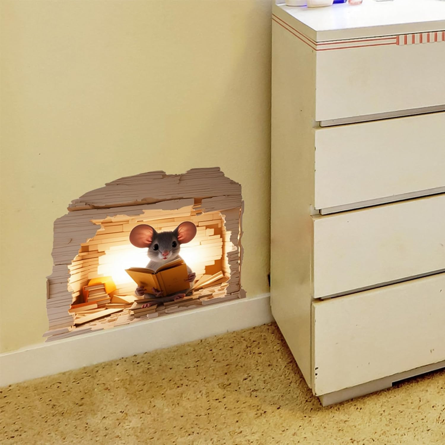 6PCS 3D Mouse Hole Wall Decals Peel and Stick,Decorative Wall Stickers, Fun Anim