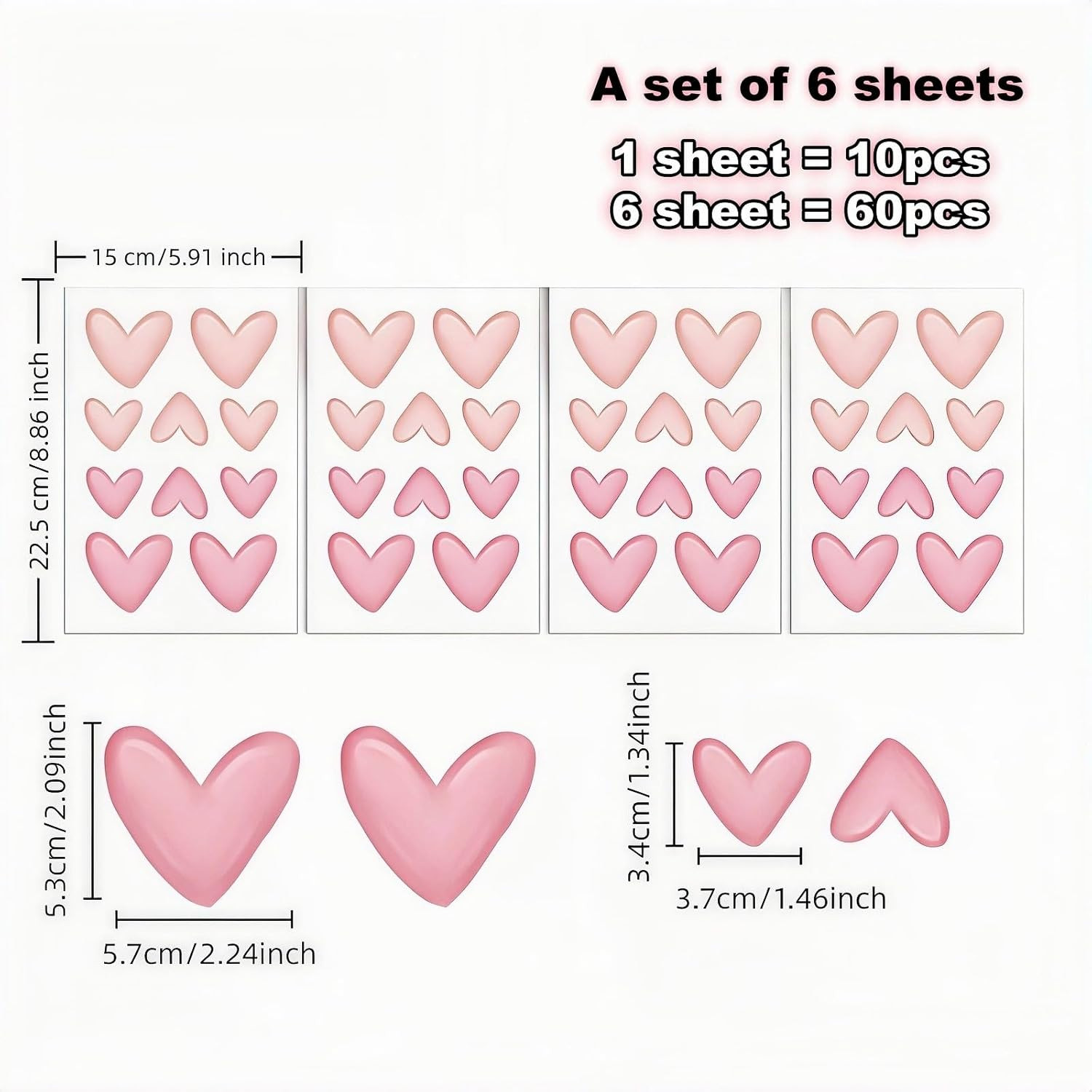 60 Pcs Pink Heart Wall Decals, Repositionable PVC Wall Decals for Girls Room, Nu