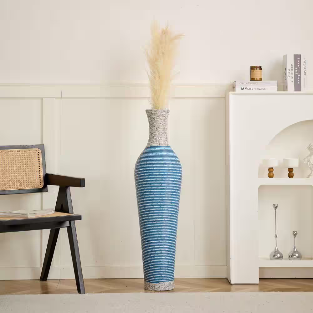 Modern Gorgeous 39 In. Lake Blue Metal Floor Decorative Vase Durable Artificial